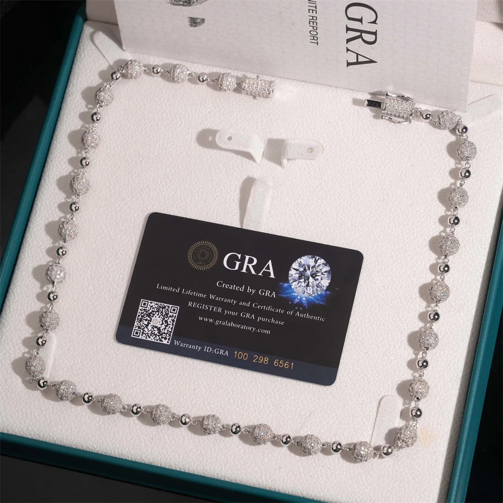 Icedminer 8mm Moissanite Ball Link Chain Iced Out Necklaces For Men Women S925 Silver Choker Pass Tester Hip Hop Jewelry GRA