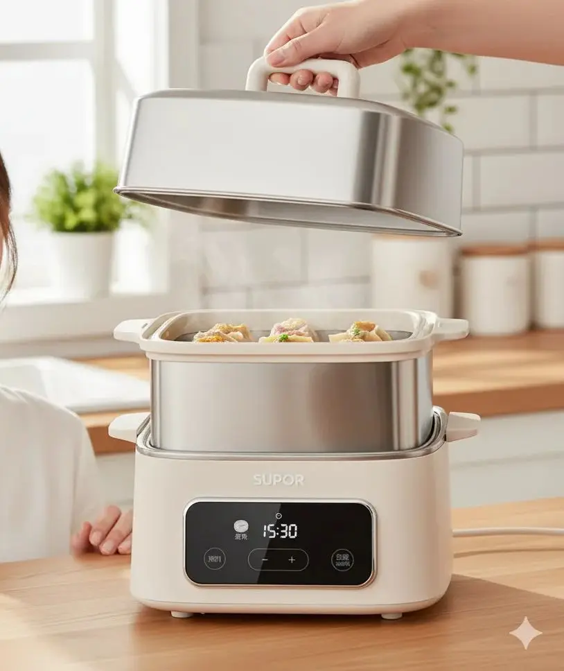 باخرة كهربائية Supor للاستخدام المنزلي بسعة كبيرة للتبخير العلوي والطهي السفلي 304 من الفولاذ المقاوم للصدأ متعدد الوظائف