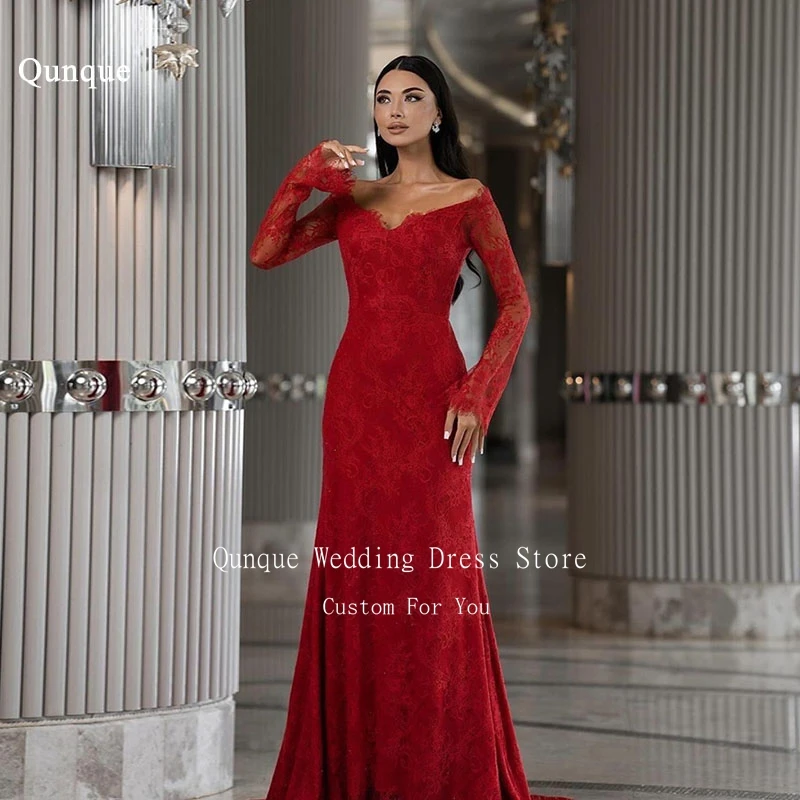 Qunque Strapless Long Sleeves Mermaid Prom Dress Formal Full Lace Red Party Gowns Robe Soirée Femme Vestidos De Noche Customized