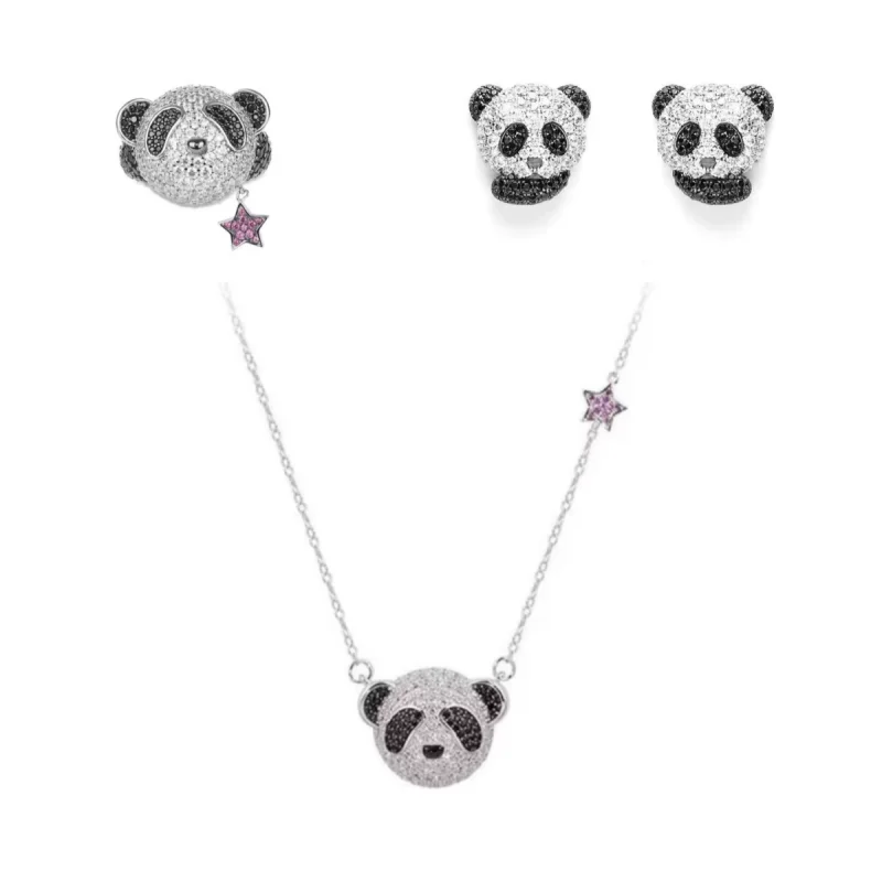 Bellux Pendant Link Chain 925 Silver Gold Plated Synthetic Zircon Black Panda Star Necklace Earrings Rings 3 Items Set Jewelry f