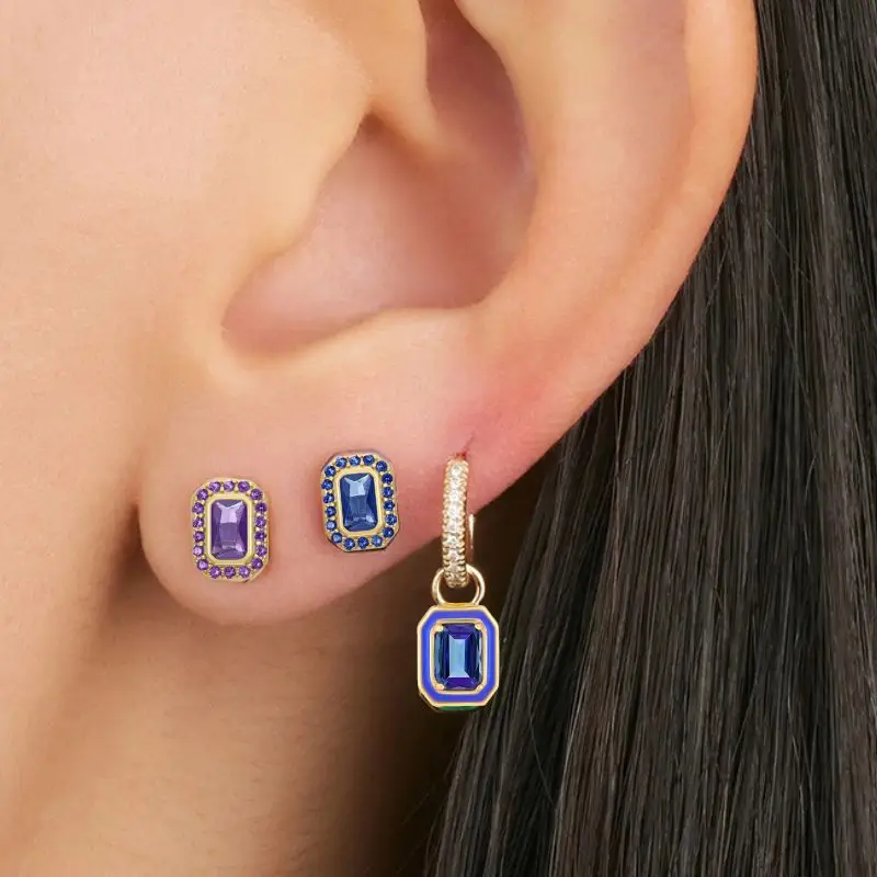 

925 Sterling Silver Ear Needle Colorful Zircon Square Stud Earrings Women's Luxury Enamel Pendant Earrings Party Fine Jewelry