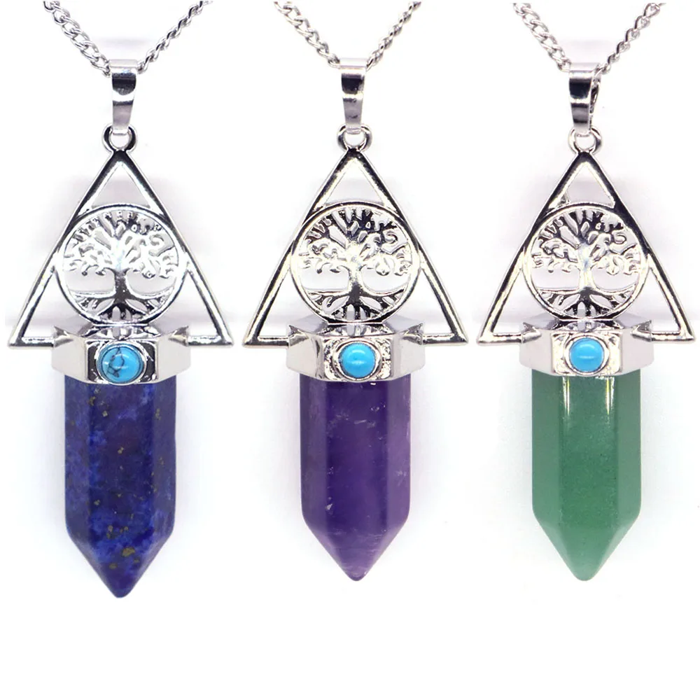 

Natural Stones Tree of Life Hxagonal Pointed Pendant Necklaces Healing Crystal Quartz Amethyst Lapis Charms Jewelry Wholesale
