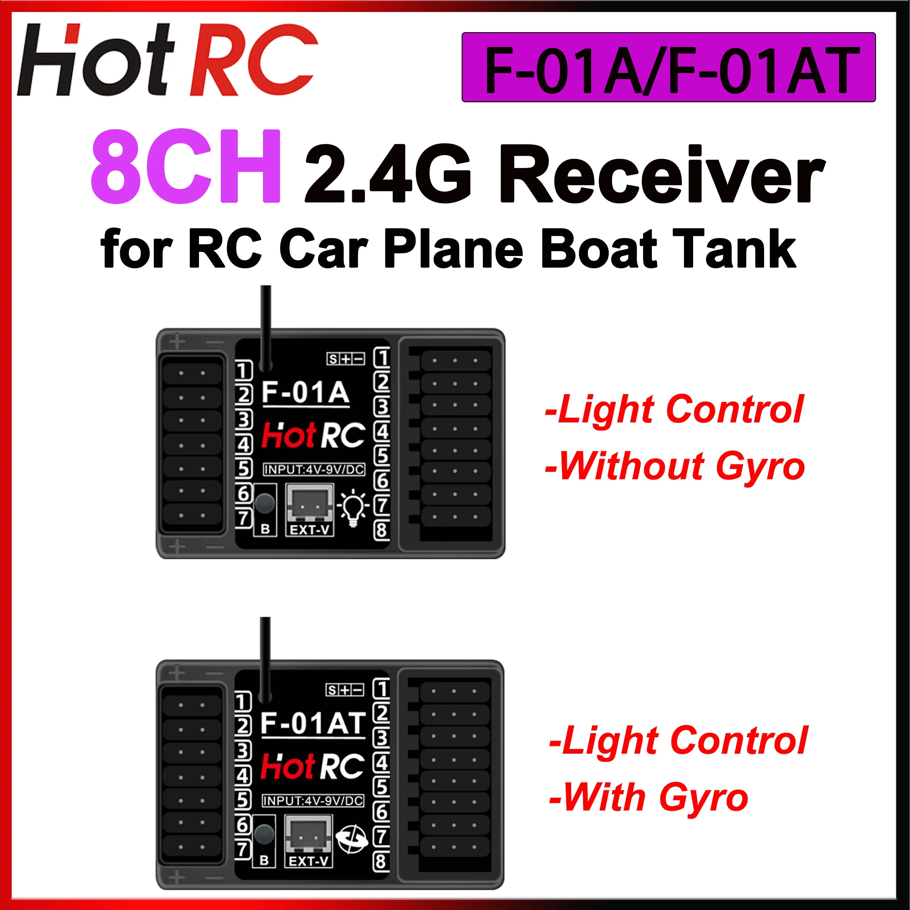 

HOTRC F-01A F-01AT 8-канальный 2,4G 8-канальный гироскоп с возвратом напряжения ШИМ-приемник управления освещением для радиоуправляемого автомобиля, самолета, танка, лодки, передатчика