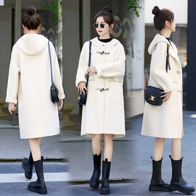 

Женское кашемировое пальто с угловой пряжкой, новинка осень-зима 2023, корейское свободное двухстороннее шерстяное пальто высокого качества