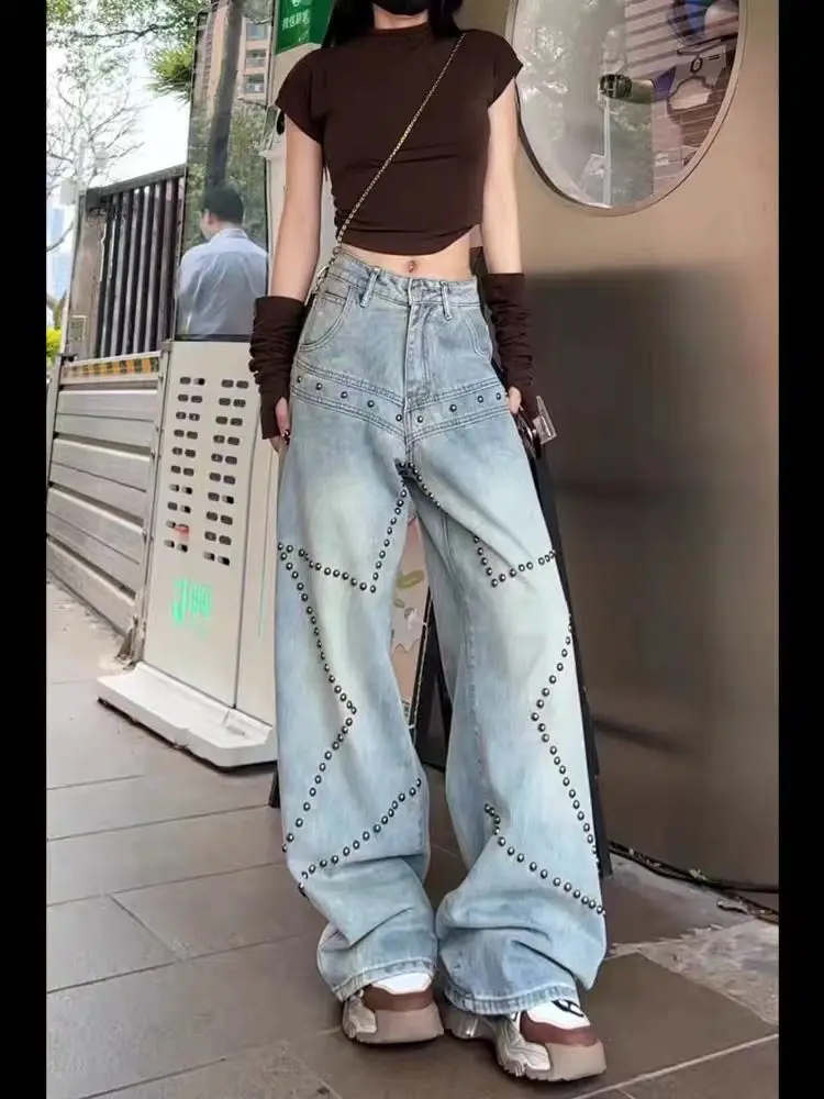 American Retro Rivet Straight Jeans Women's Fashion Design Spice Girl Loose Wide-leg Pants Baggy Jeans