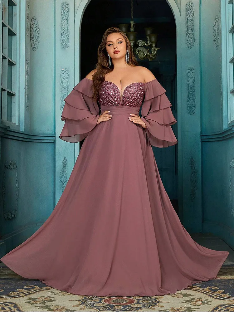 Plus Size Off Shoulder Chiffon Sparkling Evening Gown 4XL 5XL Big Size Chiffon Floor Standing Evening Gown for Women 2024