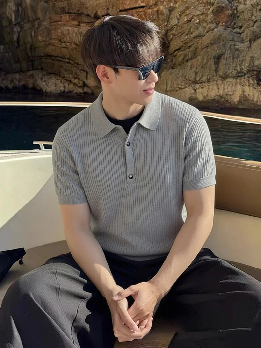 

Корейская вязаная мужская футболка с коротким рукавом, легкая, для зрелых мужчин, для делового стиля, внутренняя одежда, топ