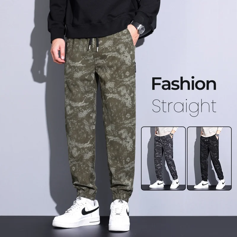 

Printed Pattern Casual Workwear Pants Men Elastic Waist Drawstring Straight Pants Outdoor Fashion Cargo Trouser Male Sweatpants