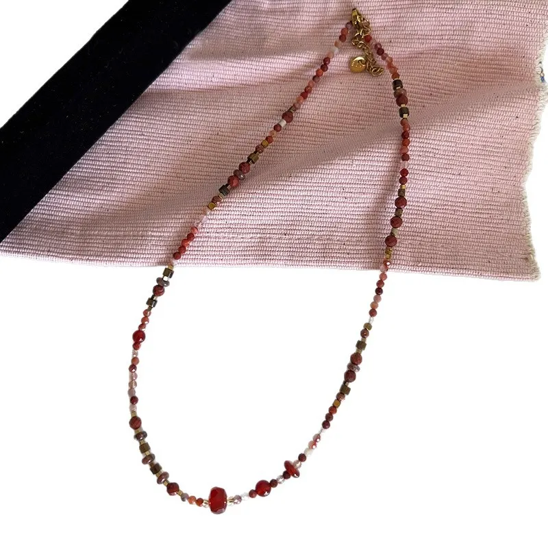 Dopamine Red Agate Beaded Necklace Accessories Women's Summer Clavicle Chain Light Luxury Niche Design High End Neckland Jewelry