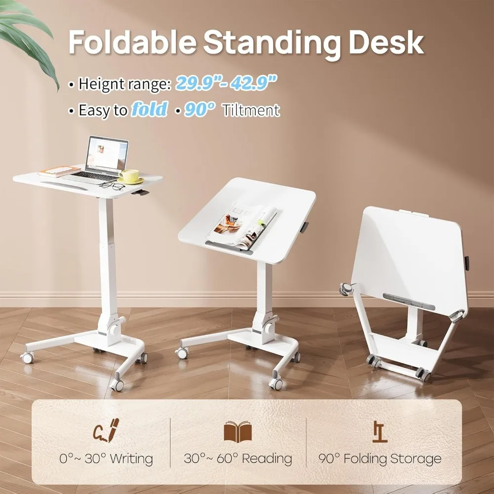 Foldable Mobile Standing Desk, 90° Tiltable Rolling Standing Desk, Height Adjustable Portable Laptop Desk on Wheels