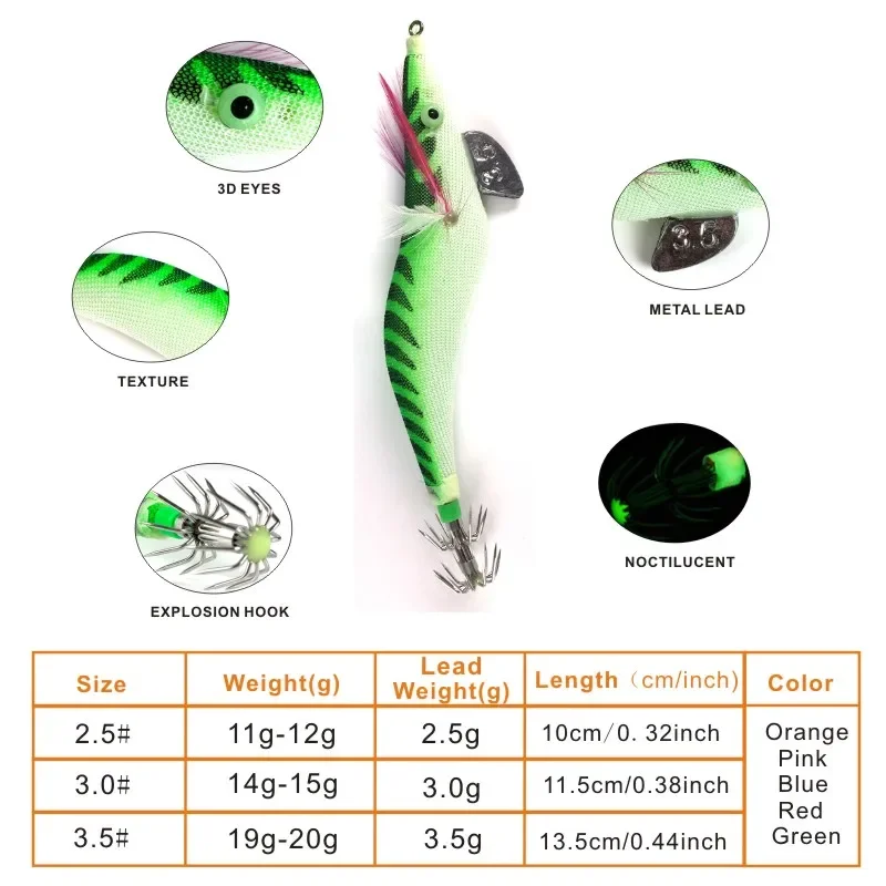 1PCS 2.5# 3.0# 3.5# Luminous Squid Jigs Lure Hook Led Fishing Lures Octopus 3D Eyes 11-20g Silicon Soft Fishing Shrimp Lure Bait