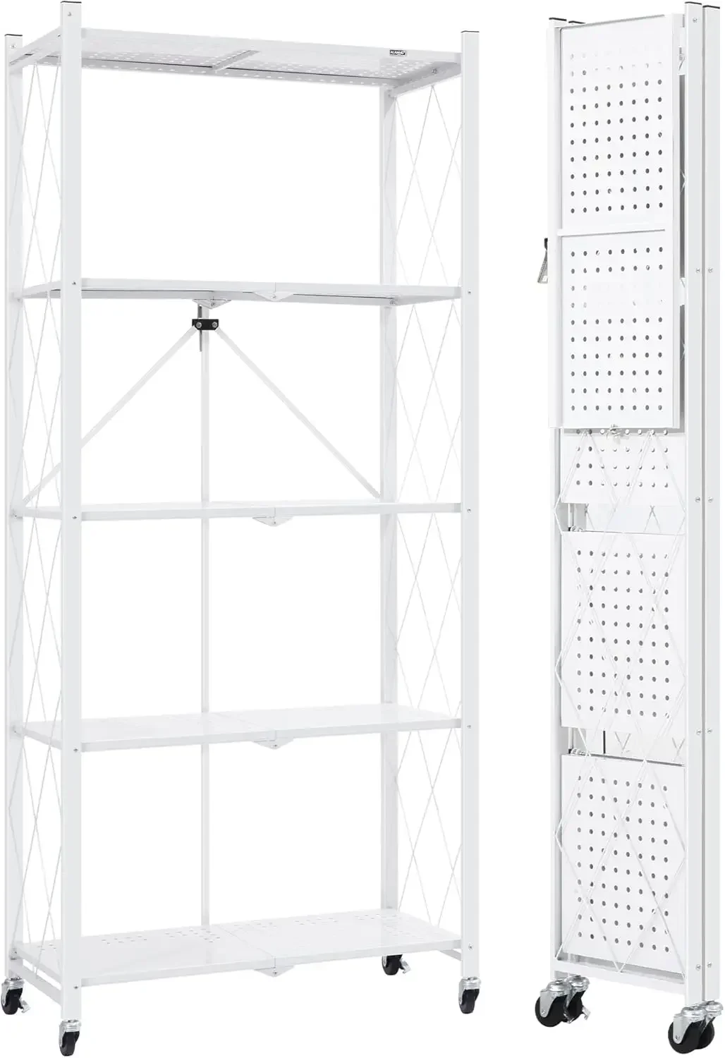 Storage Shelves, 5 Tier Folding Storage Shelves on Wheels, Heavy Duty Collapsible Shelving Unit, No Assembly Storage Rack for Ki