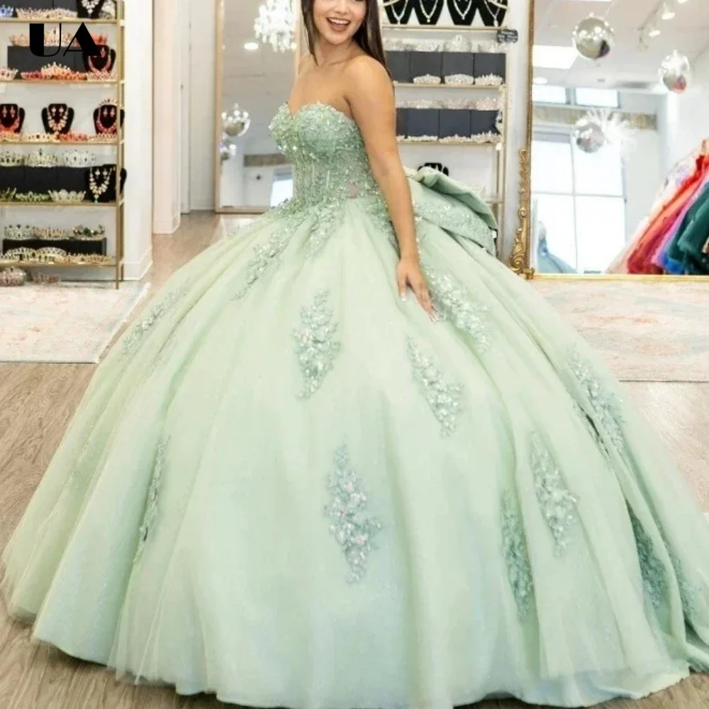 Customized Solid Sweetheart Neck Ball Gown with Oversized Bow Sparkly Applique Quinceanera Dress Princess Style Sweet 15 Dress