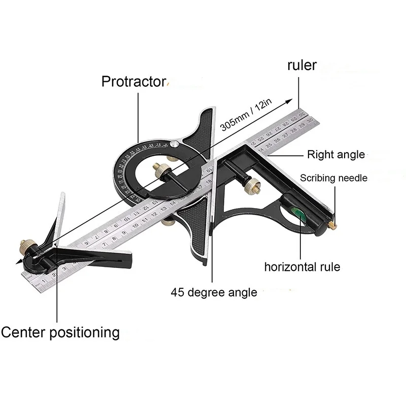 Stainless Steel T Square Angle Ruler Multifunctional Adjustable Sliding Combination Square Ruler Protractor Level Measure Tool