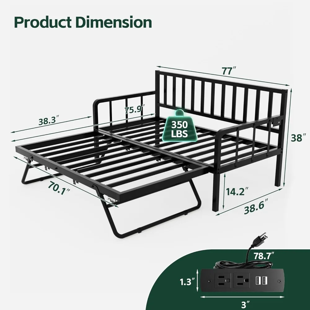 Daybed with Trundle Bed, Twin Bed Frame with Charging Station and LED Lights, Metal Sofa Day Bed