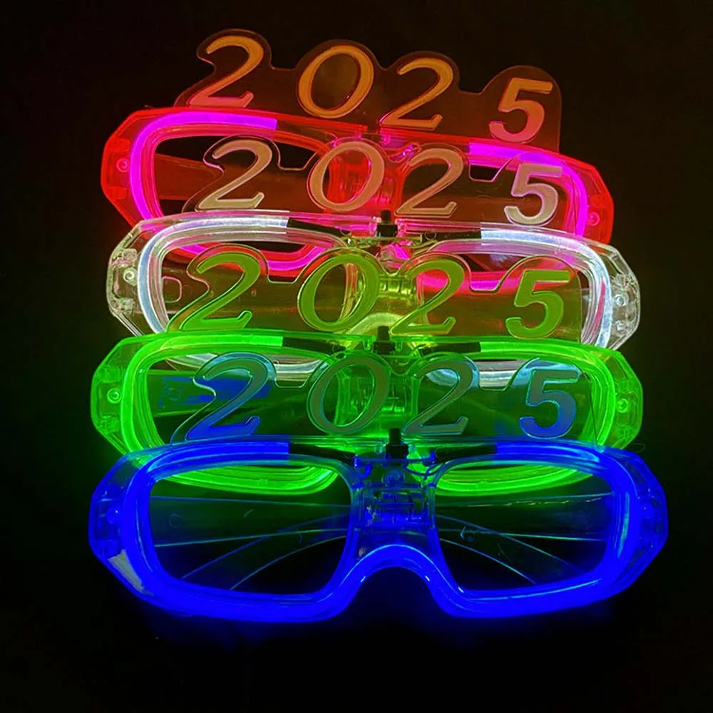 LED Glow 2025 Happy New Year Glow Glasses Number Letter Light Up 2025 LED Glow Glasses Colorful Photographic Ornaments