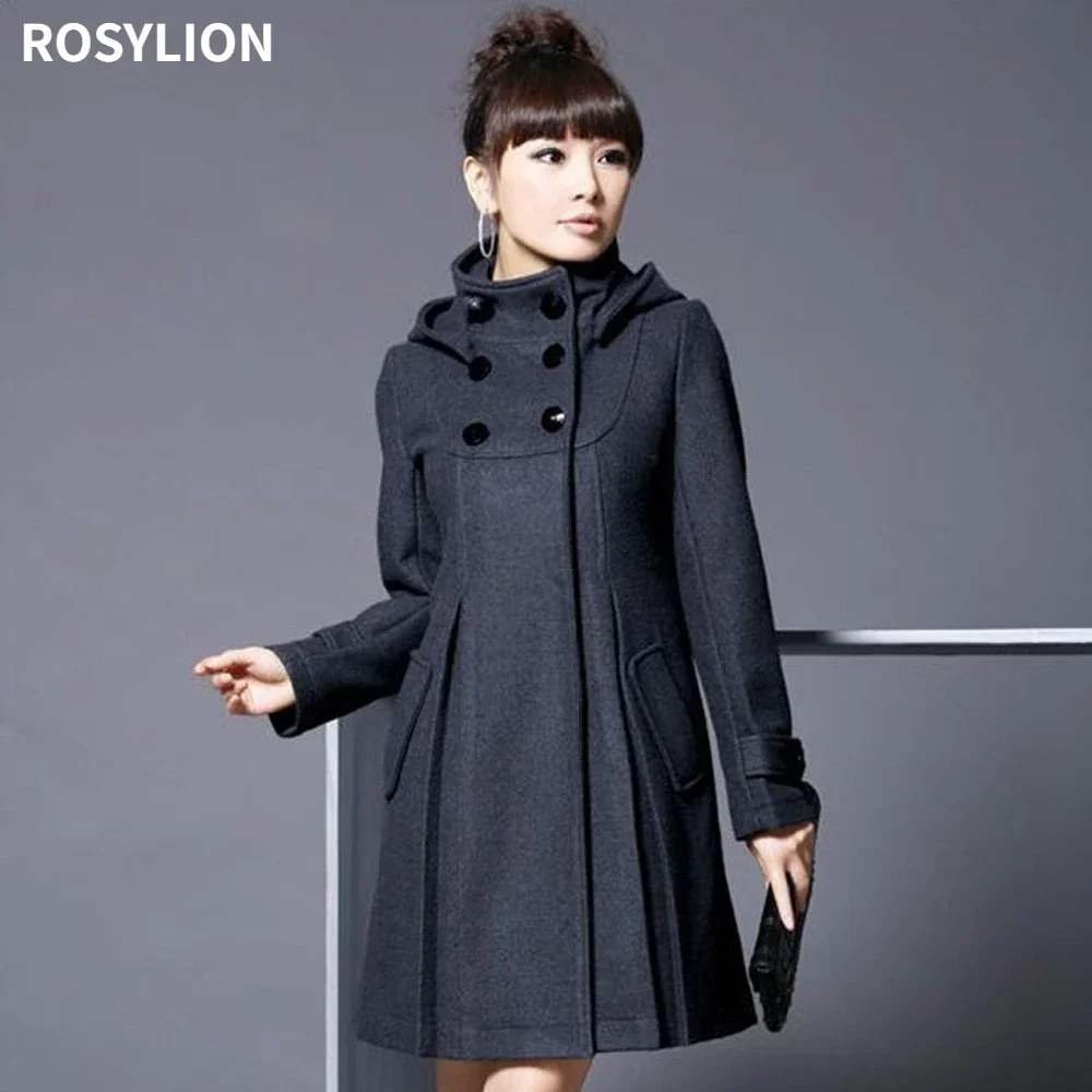 Women Green Black Woolen Blend Coat Long Wool Hooded Double-breasted Jacket Windbreaker Ladies Pleated Cloak Large Size S-XXXL