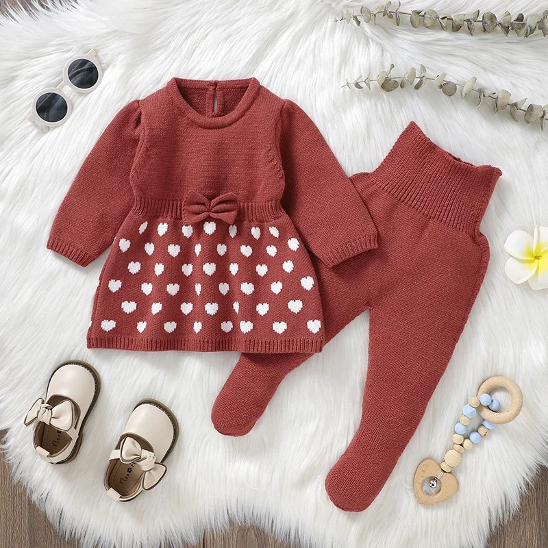 

Baby Clothing Sets Knit Infant Girl Long Sleeve Sweater Dress +Pants Fashion Loving Tie Newborn Kid Pullover +Trousers 0-9M Warm