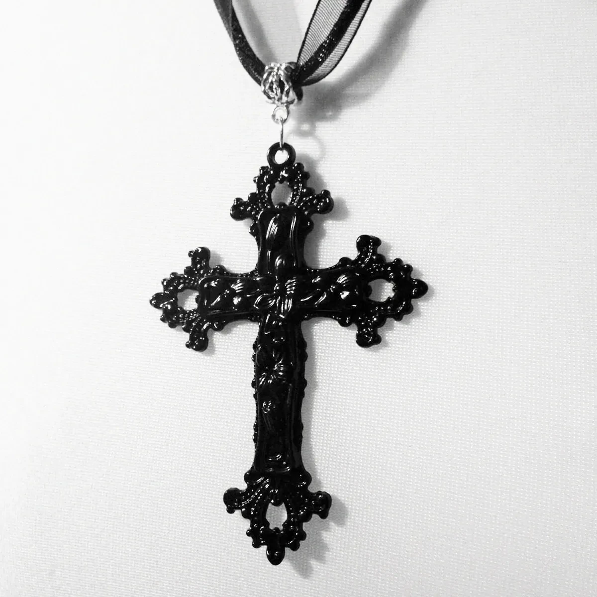Large Black Ornate Medieval Victorian Cross Black Ribbon Cord Necklace Gothic