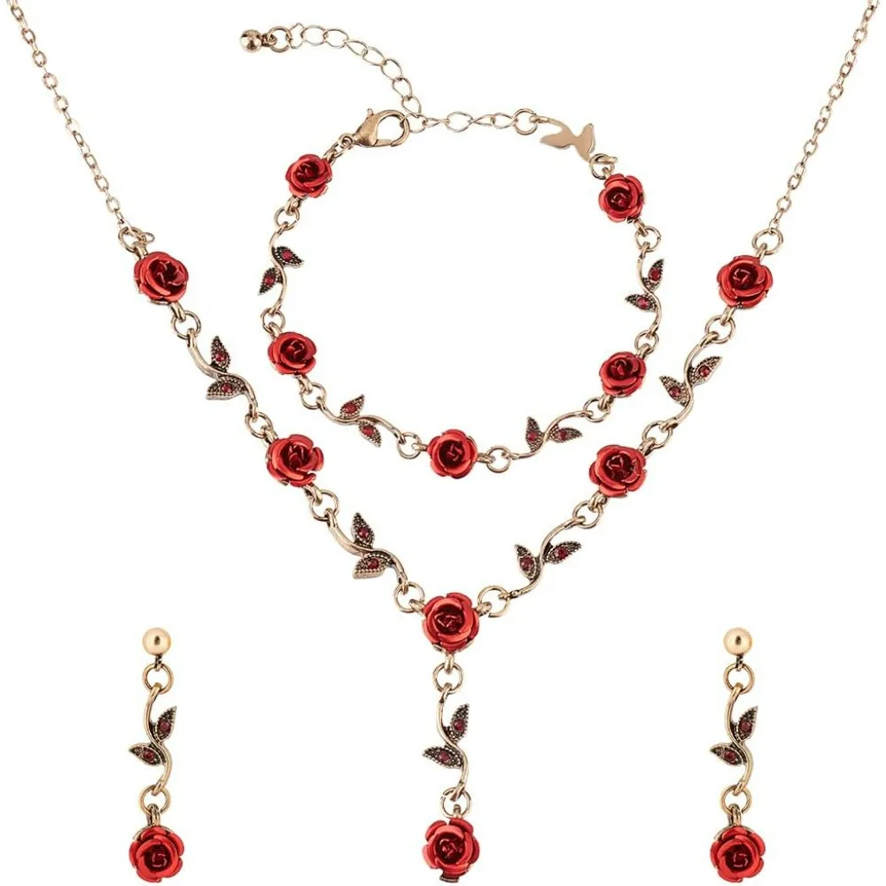 

3Pcs Red Rose Jewelry Set Vintage Flower Jewelry Dangle Set Rose Blossom Necklace Earrings Bracelet Romantic Wedding