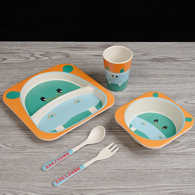 Wholesale bamboo fiber kindergarten dinner plate cartoon children 5-piece set of tableware auxiliary food bowl plate set gift