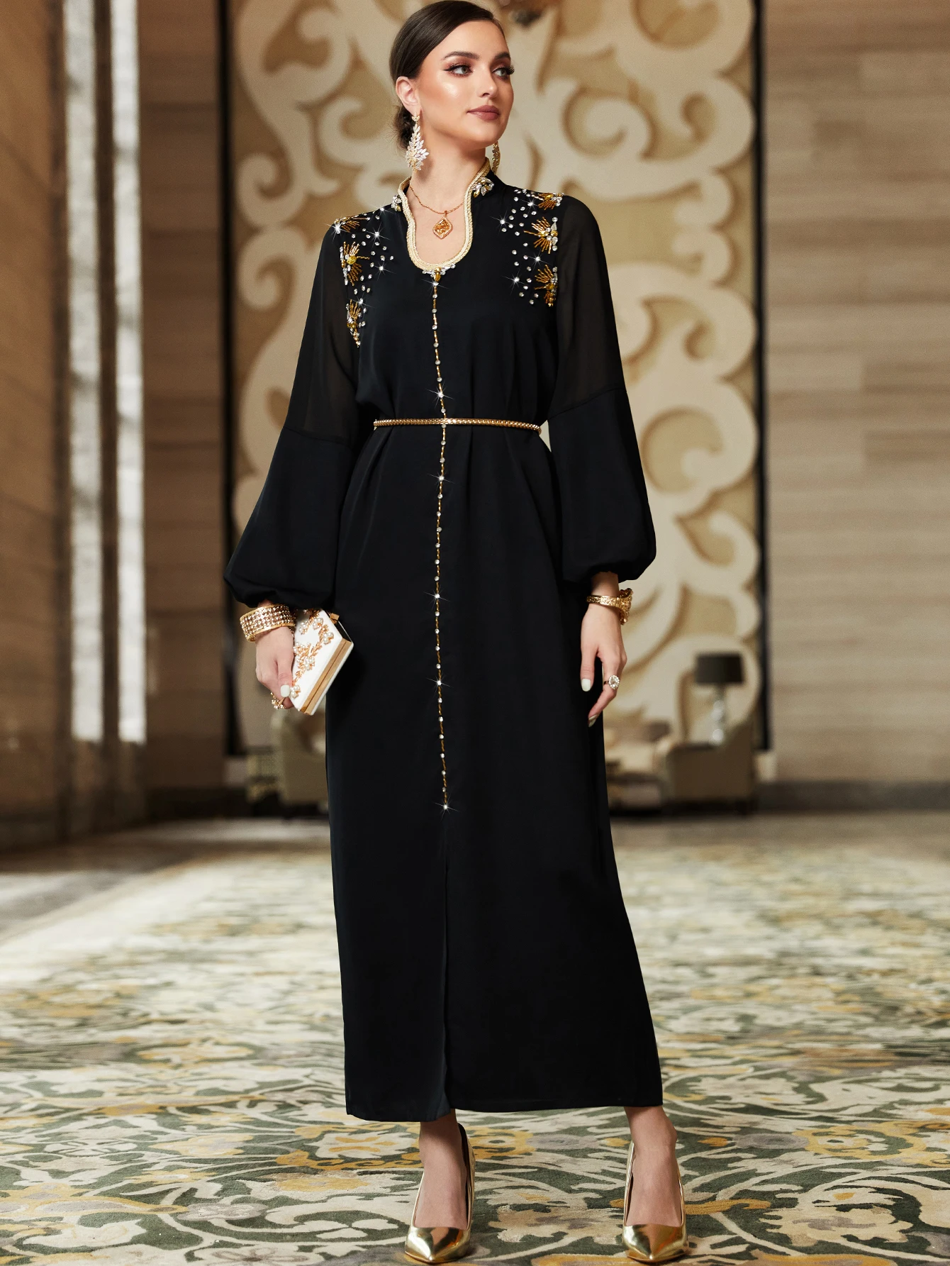 Autumn Muslim Party Dress for Women Abaya Ramadan Eid Diamond Jalabiya Elegant Long Dresses Woman Lace-up Vestidos Robe 2023