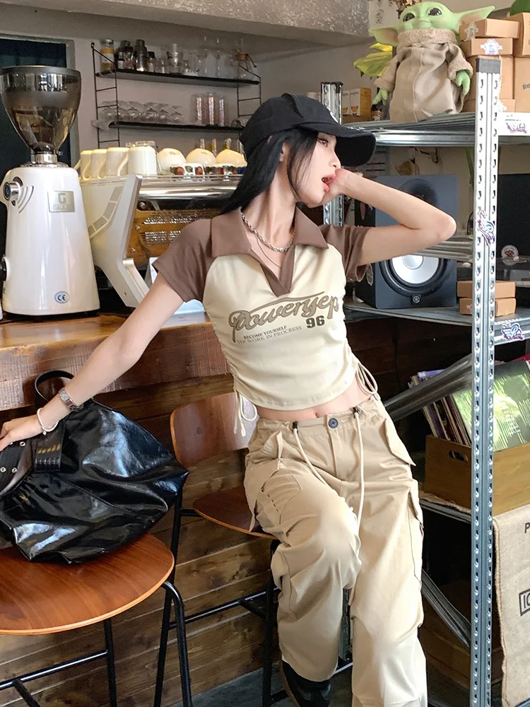 

Женская летняя футболка FengPao с коротким рукавом, приталенная, с цветными вставками, в корейском стиле, из хлопка, с воротником хенли, новинка