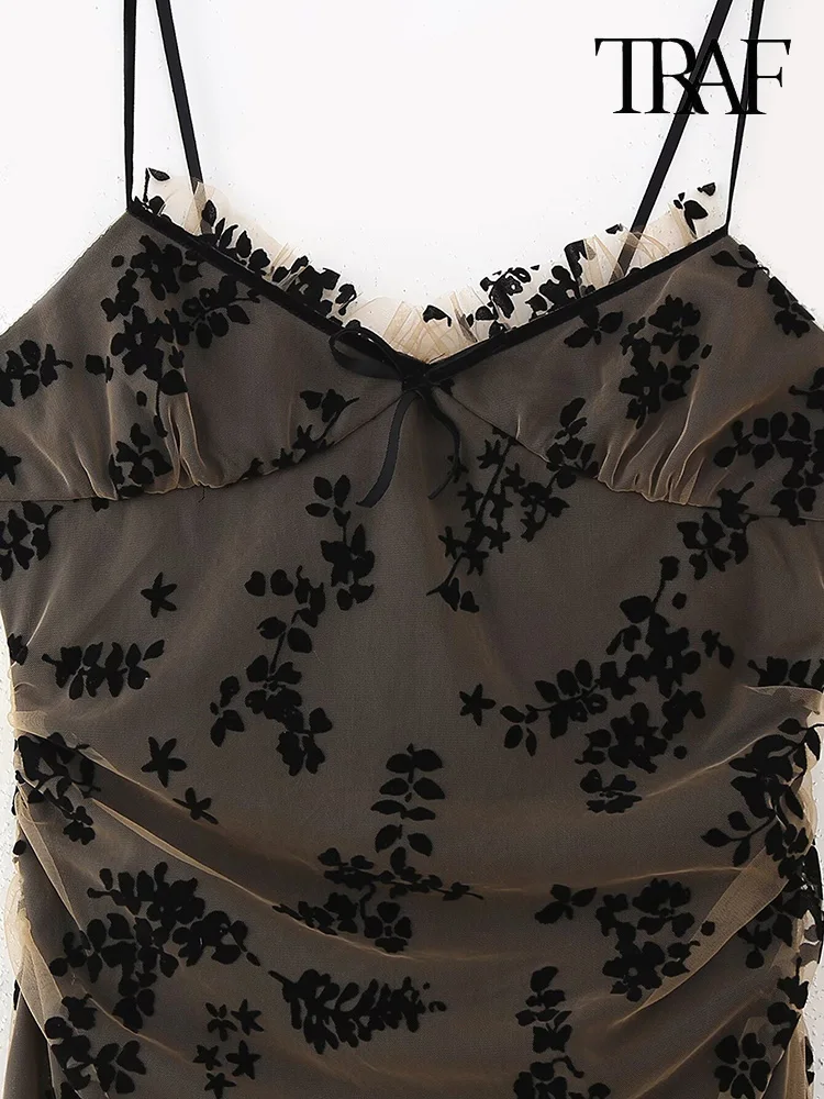TRAF donne estate nuovo retrò elegante bruciato fiore stampa splicing maglia cavezza abito ins super fuoco spalline sottili backless Slim sottile temperamento abito fata
