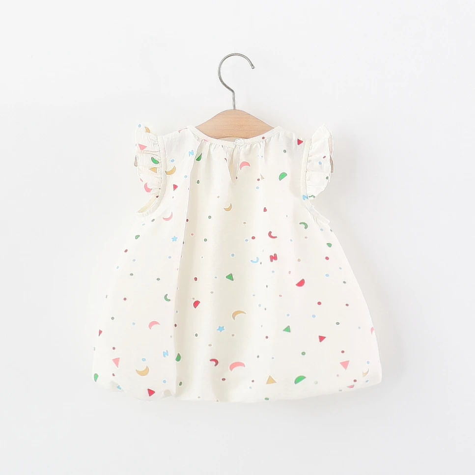 Baby Girl Dress Summer Cotton Solid Color Geometric Little Fly Sleeve Girls Dresses Cartoon Cute Beach Baby Girl Clothing