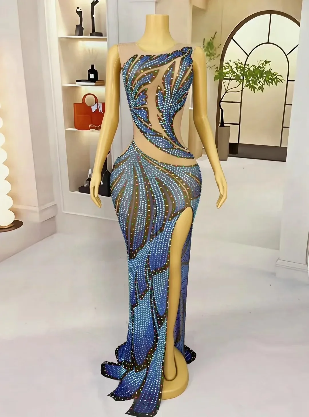 

Elegant Fashion Shiny Rhinestones Women Long Dress Birthday Celebrate Evening Party Dresses Photo Shoot Club Stage Perform Wear