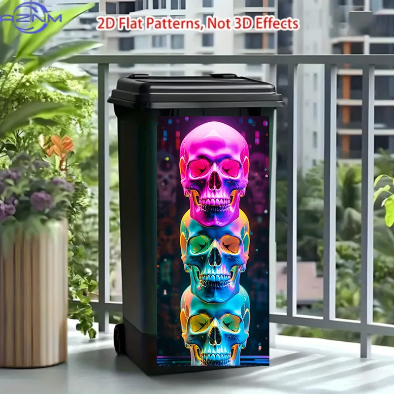 One Trash Can Sticker Measuring 37*82cm / 14.57*32.28 Inches, Featuring a Neon Skull Tower Pattern Design. This Matte Surface