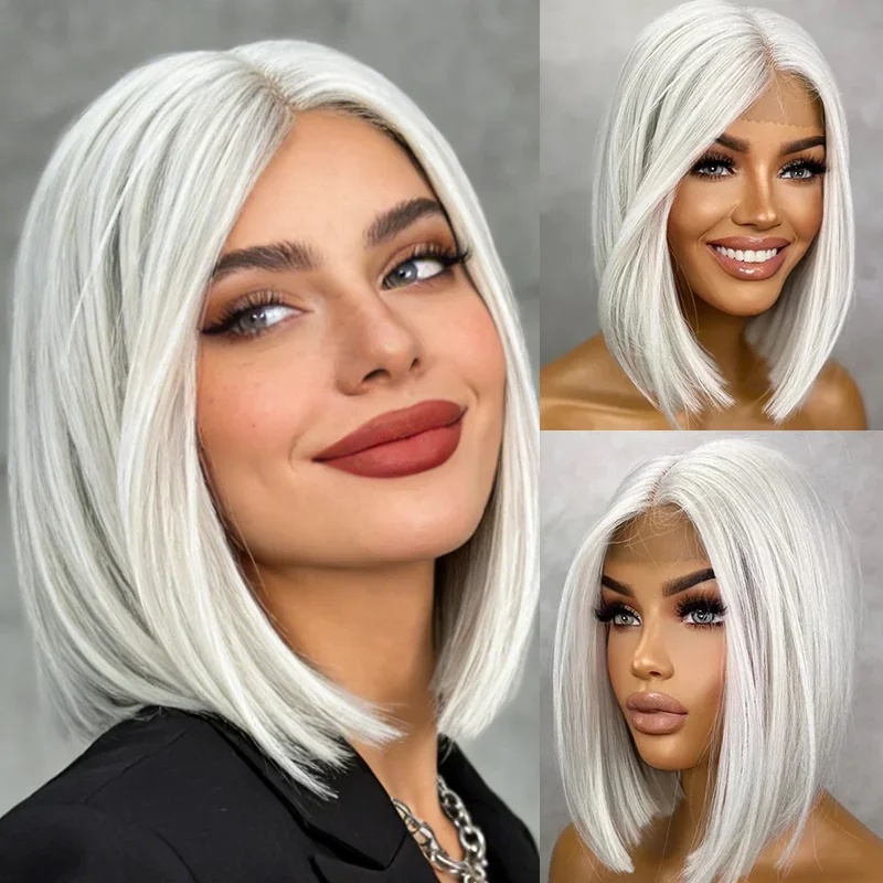 

Белый кружевной парик-боб с HD-основой, короткий, 10 дюймов, прямой, с синтетической средней частью, для женщин, для повседневного использования и вечеринок