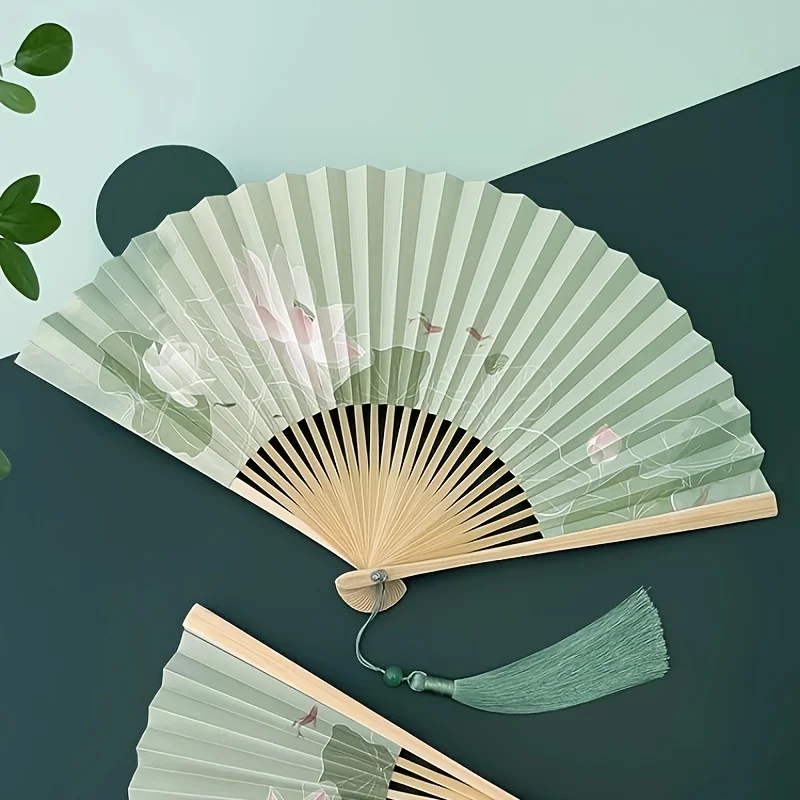 Elegant Bamboo Folding Hand Fan - Vintage Chinese Style, Green Silk, Perfect For Dance Performances & Photo Props, Ideal Gift Fo