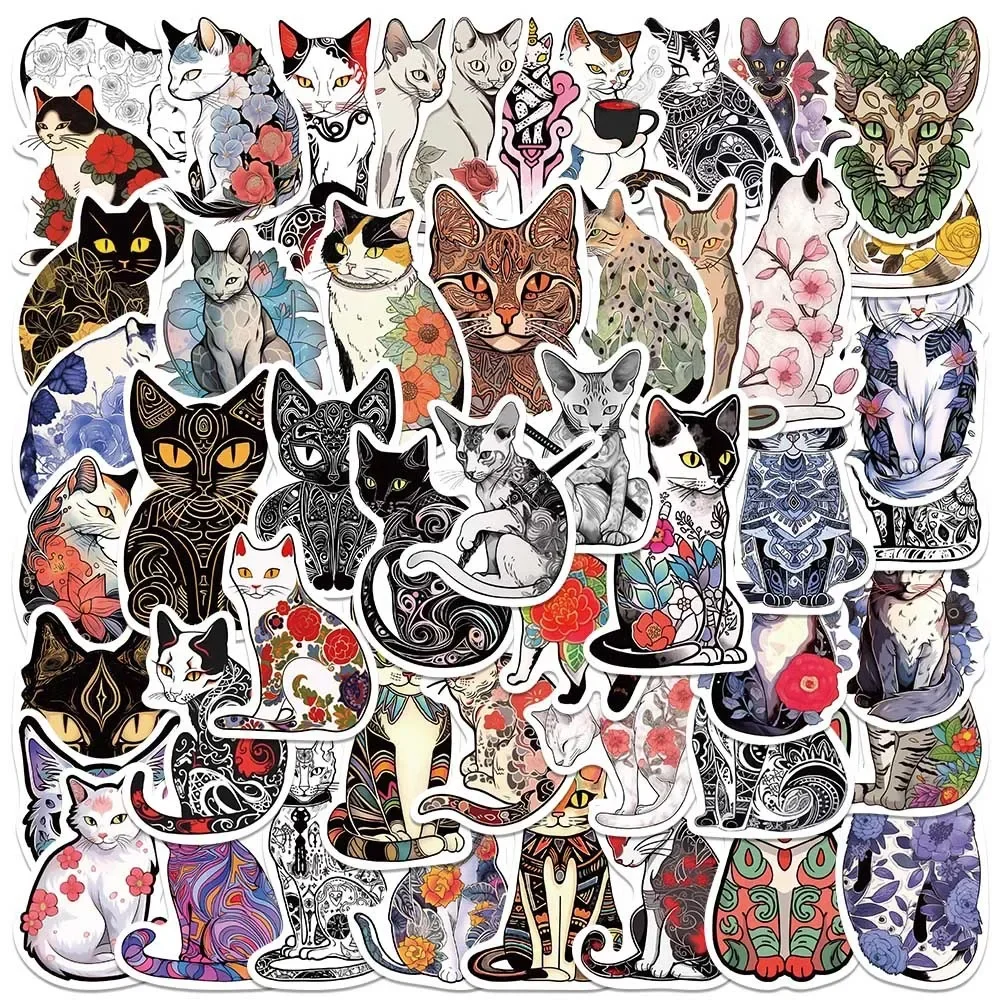 50pcs Tattoo Cat Stickers Cartoon Graffiti Sticker Aesthetic Laptop Fridge Guitar Luggage Phone Case Car Sticker Kid Gift