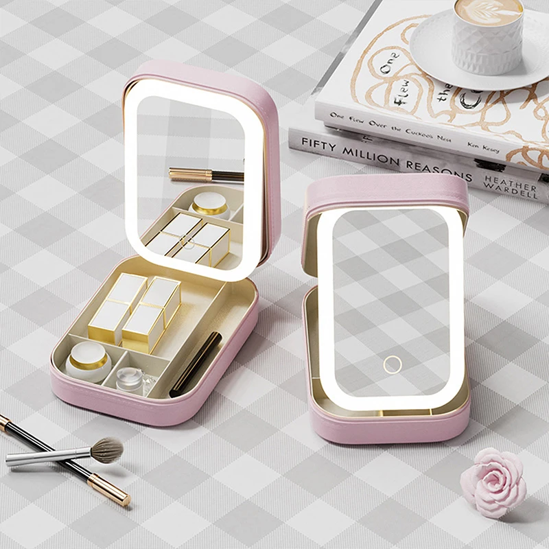 Travel Cosmetic Mirror Case LED Makeup Mirror Storage Case Eyelash Station Makeup Brushes Cosmetic Tools On-the-go Makeup Needs