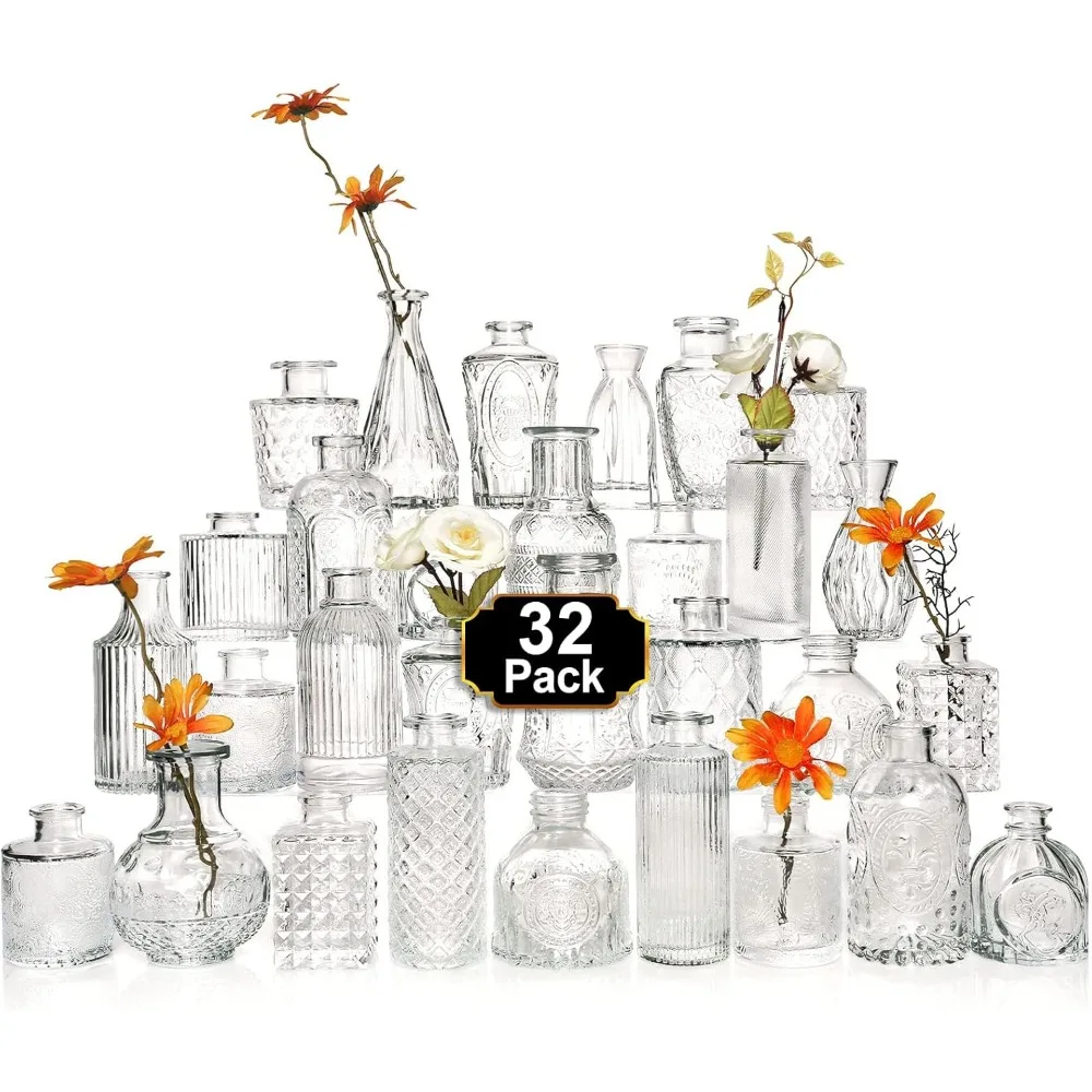 

Glass Bud Vase Set of 32 Pcs，Small Glass Vases for Flowers，Clear Bud Vases in Bulk，Vintage Vases for Centerpieces