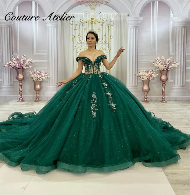 Green Corset Quinceanera Dresses Ball Gown Luxury Beaded Flowers Tulle Off The Shoulder Sweet 15 Dress vestidos de 16 quinceaner AliExpress