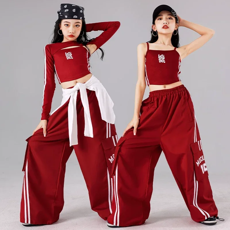 

Girls Hip Hop Street Dance Costume Red Vest Loose Pants Kids Performance Modern Dancing Clothes Sets Teenagers Jazz Stage Outfit