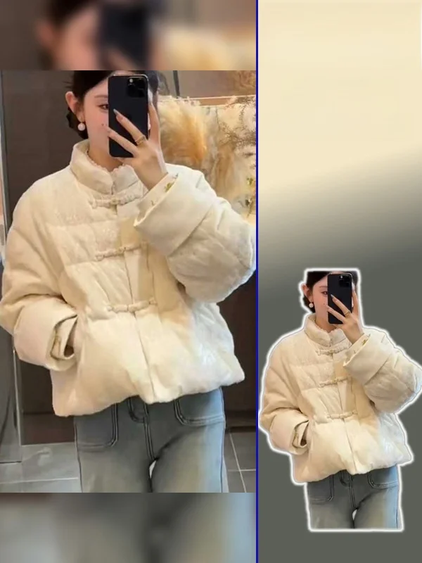 

New Chinese Sle ort Cotton Jaet for Women with Button Stand Collar plus Size Warmth ape Long Sve Daily Wear