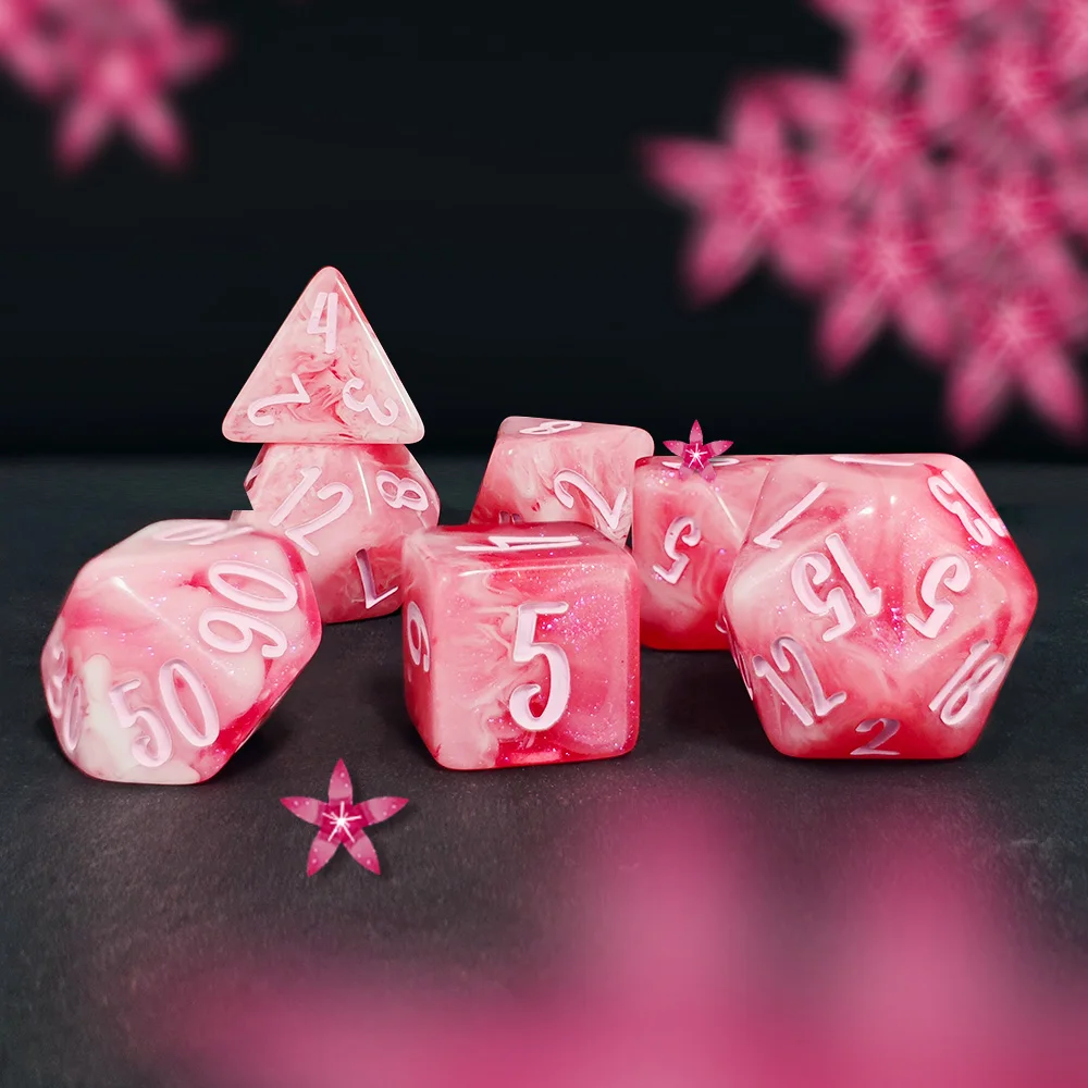 7Pcs Pink Cloud Swirl Glitter Polyhedral DND Dice Set,Resin RPG Dice With Light Pink Ink Number For DND TTRPG Dungeons & Dragons