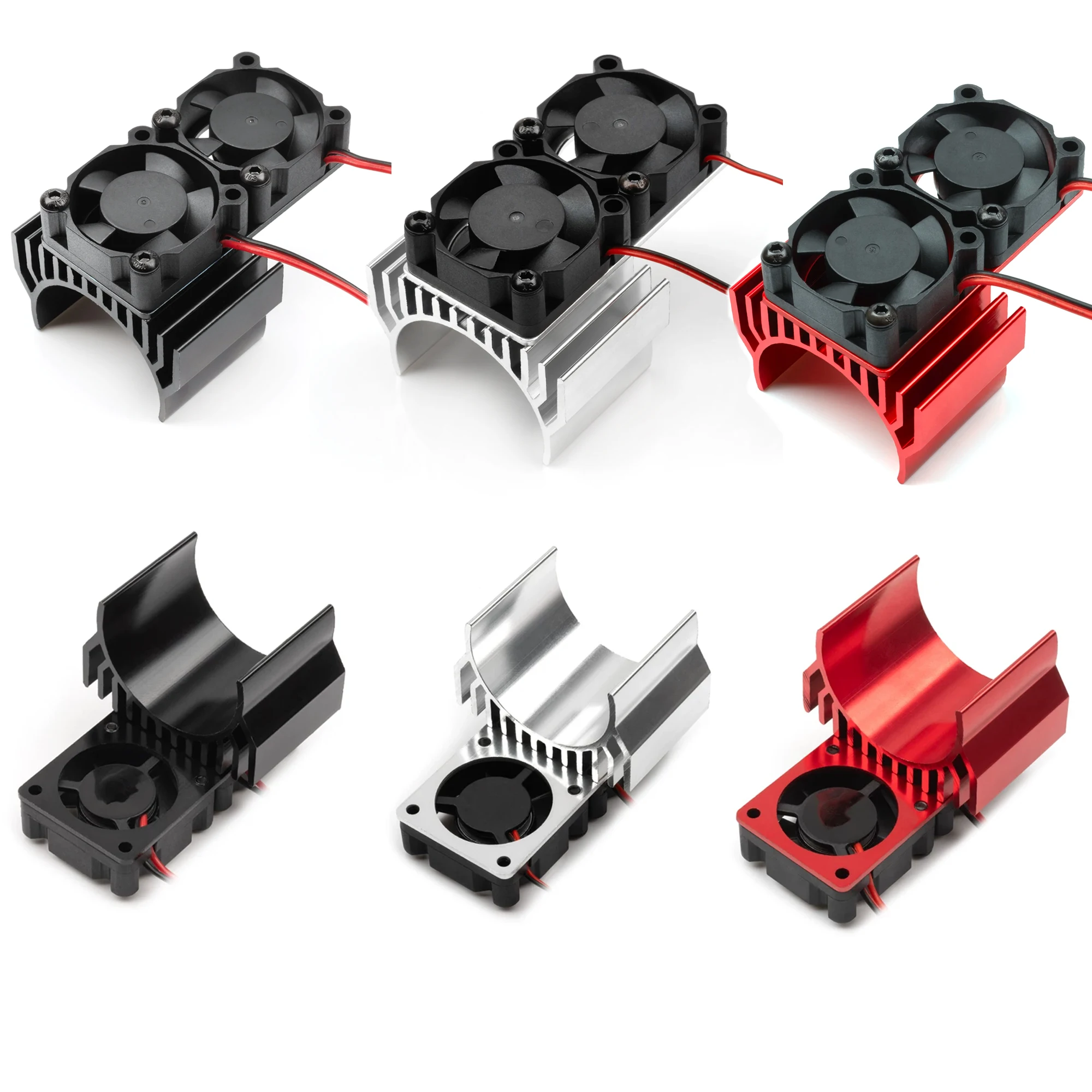 Heatsink Aluminum - 赤、黒、銀色のアルミニウム合金製デュアルファンラジエーター。550 3650ブラシレスモーター用。1/10スケールのRCカー、クローラー用。モーター冷却ファン。