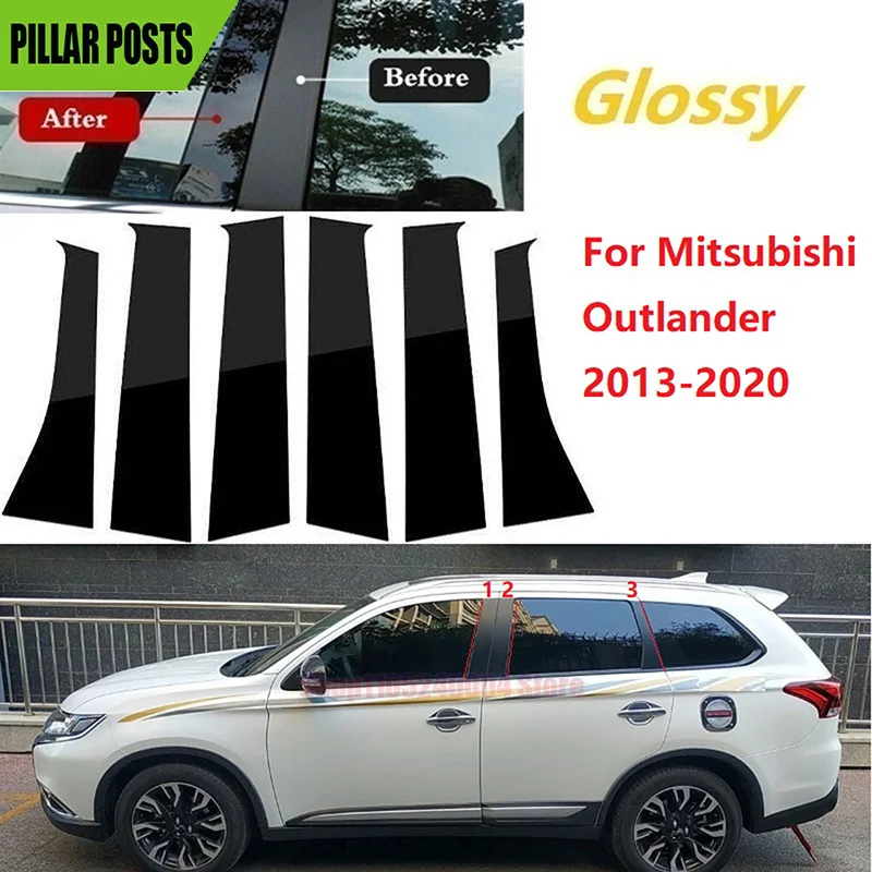 

6PCS For Mitsubishi Outlander 2013-2018 2019 2020 2021 Glossy Black Pillar Posts Winodw Sticker Cover Door Side Moulding Trim