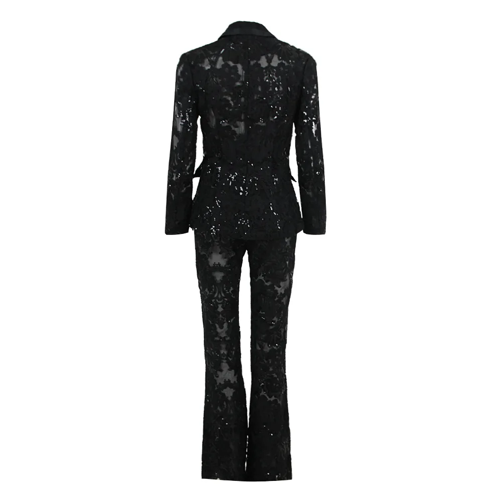 2023 High Quality White Lace Fashionable Woman Set Sexy See Through Suit Coat And Flare Pants 2 Pieces Evening Party Outfit