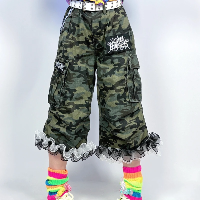 Original Heavy Craft Y2K Sweet Cool Camouflage Lace Women's Pants Summer Personality Fashion Loose Slimming Denim Capris Ladies