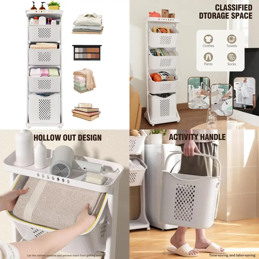 

4-Tier Laundry Hamper Organizer with Wheels - White Storage Cart for Clothes, Removable Baskets, Space-Saving Solution