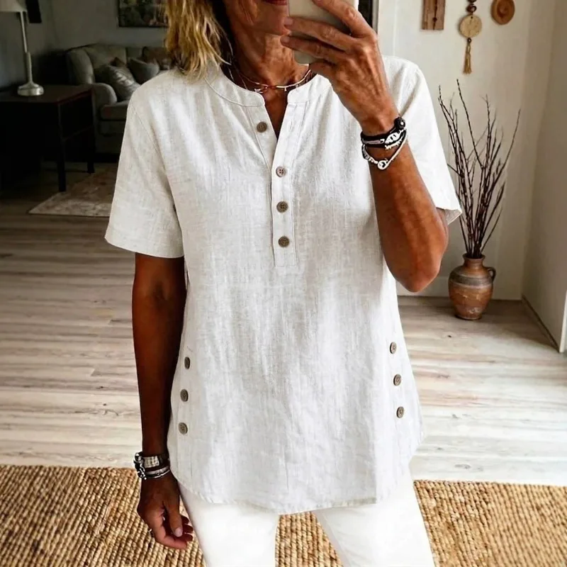 Loose Solid Women Henley Neck Half Placket Short Sleeve Top Side Buttons Linen Tee Summer Daily