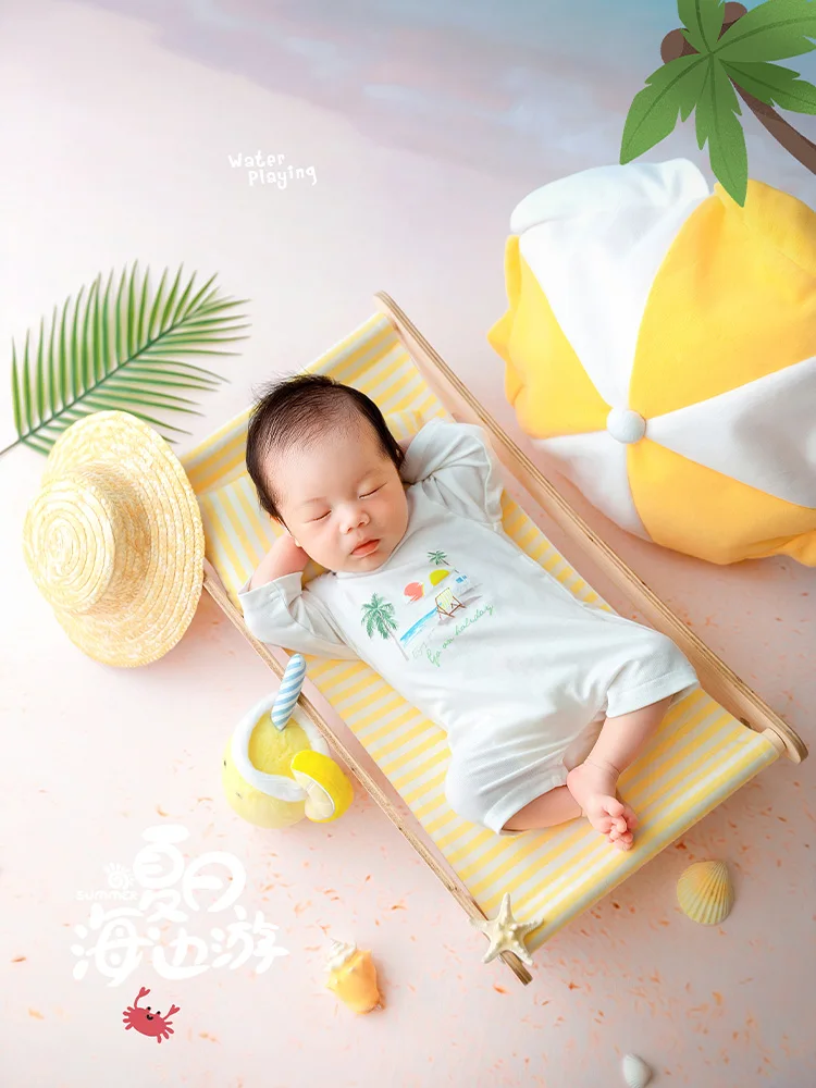 Hawaii Style Newborn Beach Photography Props Posing Lounge Chair Straw Hat Mini Umbrella Plush Decor Baby Growth Milestone Shoot