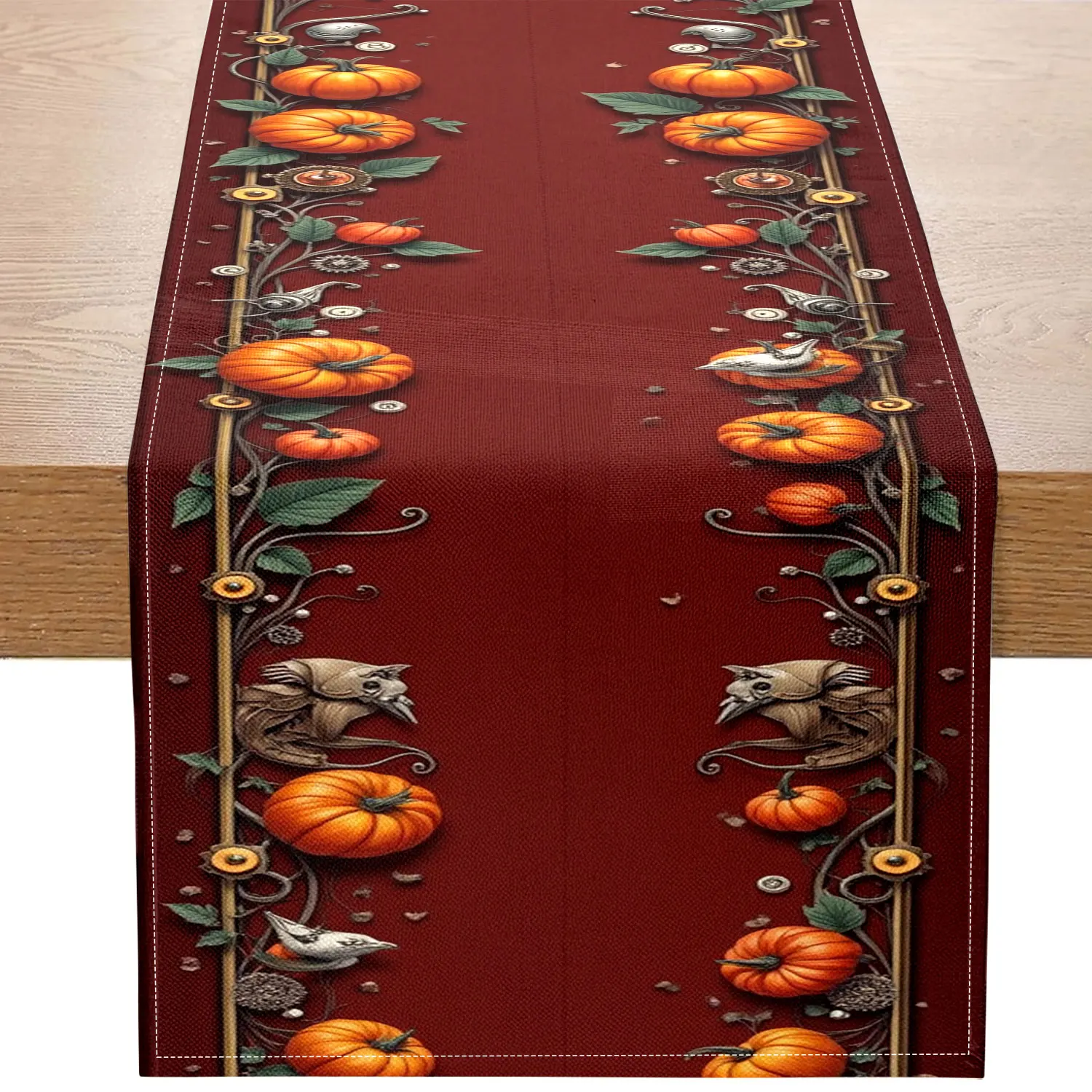 

1 Piece Steampunk Pumpkin Vine Themed Table Runner, Featuring Mechanical Pumpkins, Gears, Flying Birds, and Floral Patterns on a Red Background, Suitable for Halloween Parties, Vintage Restaurants, Art Exhibitions, Creative Studios, Home Decor, Unique Gif