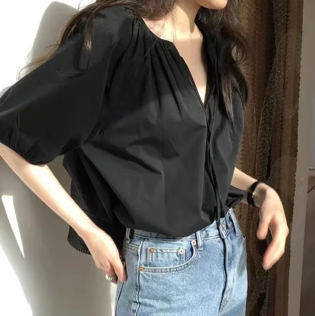 

White Bubble Sve irt Женская летняя дизайнерская сетка Simple Bla Casual Faion Commute Sle Pure Color Свободный топ