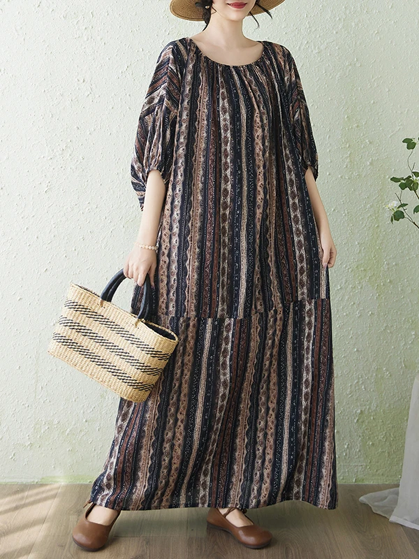 plus Size Cotton Linen Print Loose Fitting Long Dress Lantern Sleeve Robe High Waist A-Line Skirt Casual Summer Dress